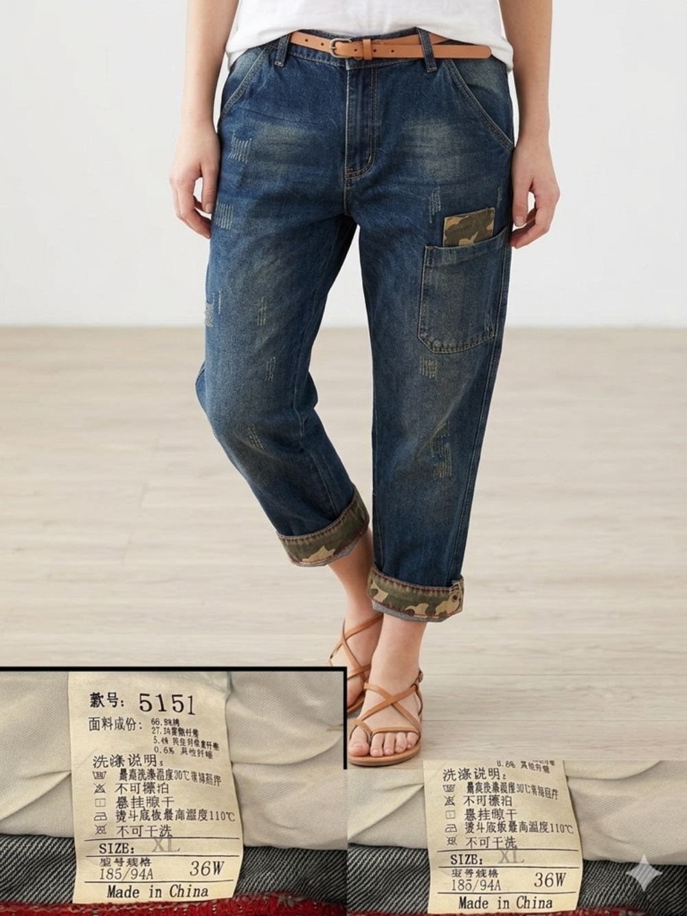 5151 Mens Carp Jeans 36W L18 Snap Camo Cuff  Red Inside Stich Unisex Boyfriend
